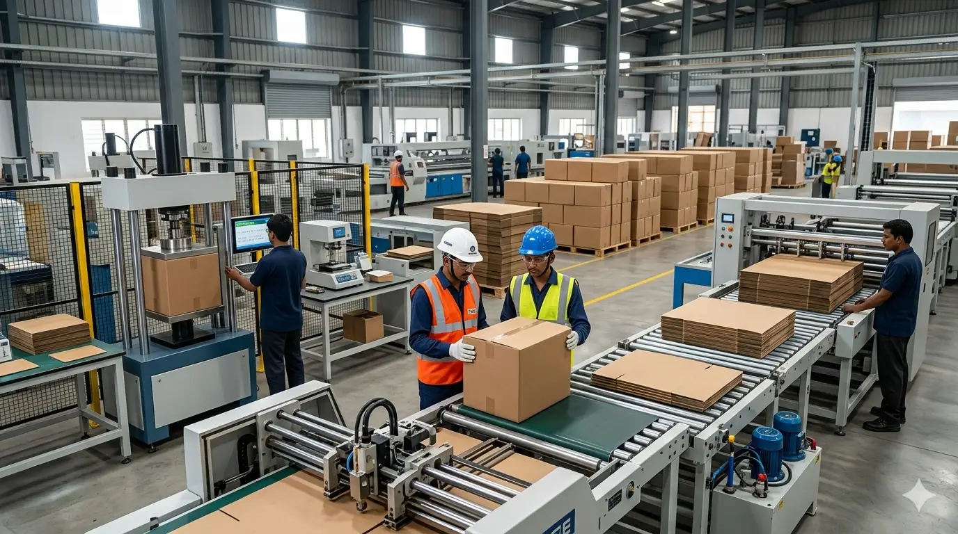 Corrugated cardboard manufacturing machinery in operation