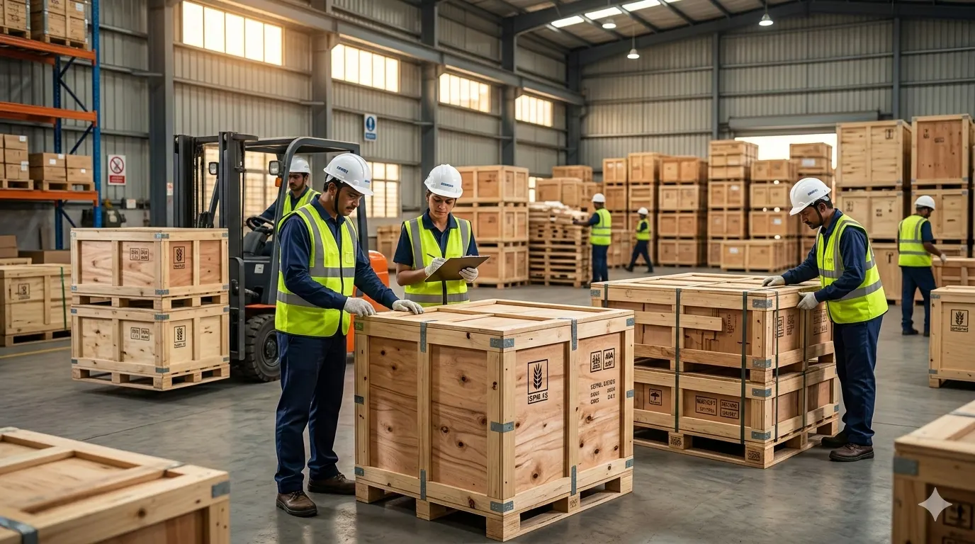 ISPM-15 certified wooden pallets being loaded into export container